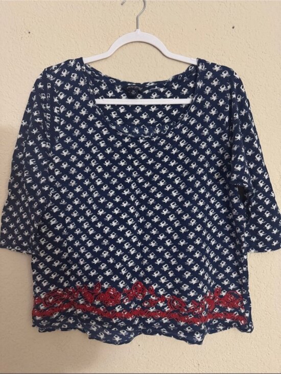 Tops - Navy Patterned V-Neck Blouse with Red Embroidered Hem